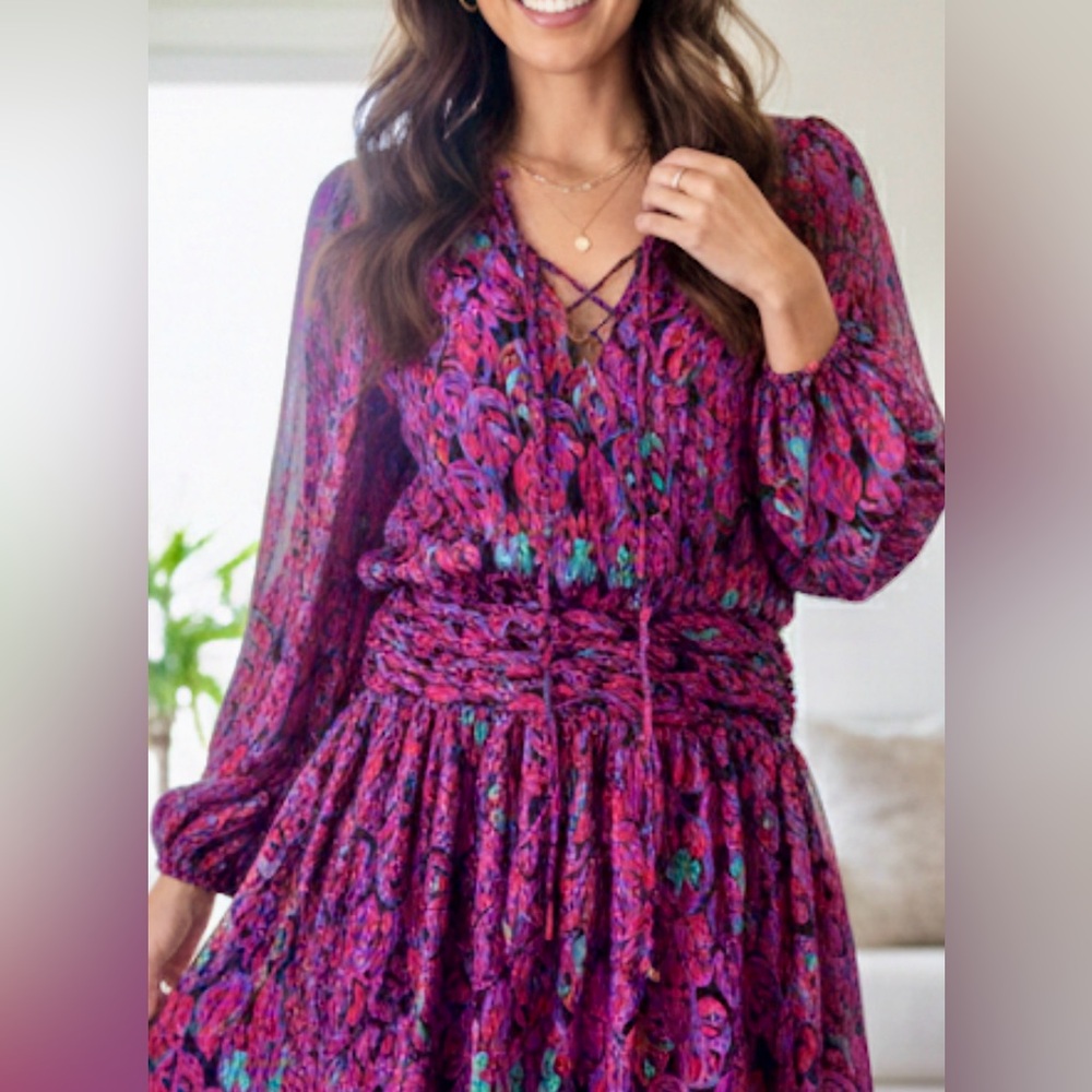 Ramy Brook Silk Vibrant Purple Long Sleeve Dress
